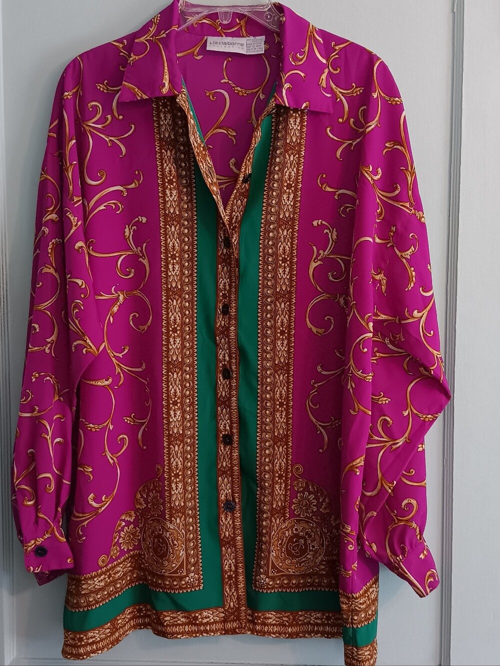Liz Claiborne Baroque Print Button Up Blouse Magenta, Green & Gold Size M